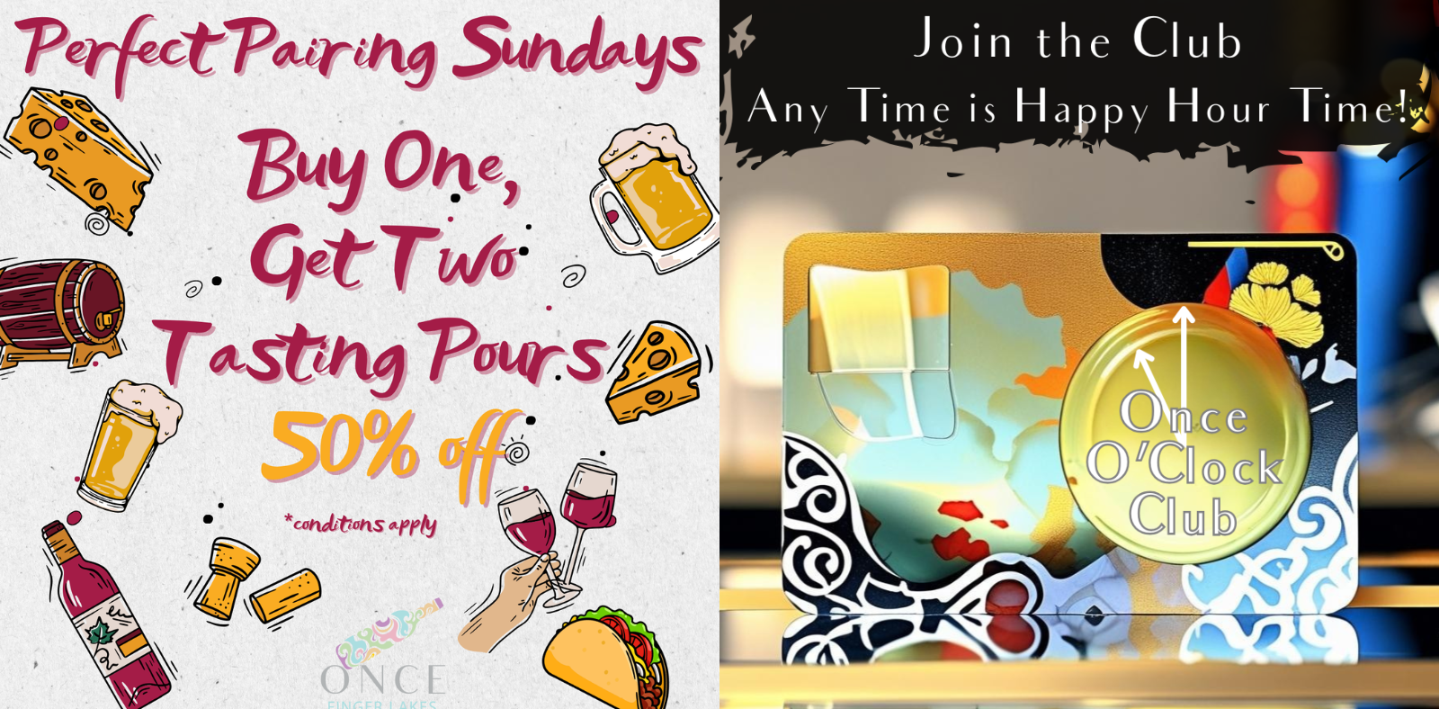 Once Finger Lakes Discounts Tasting Pours Happy Hour Club banner